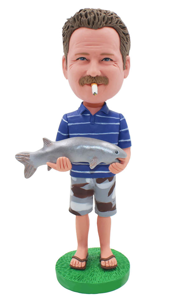 Custom Bobble Head With Fish, Custom Made Fisher Man Bobblehead