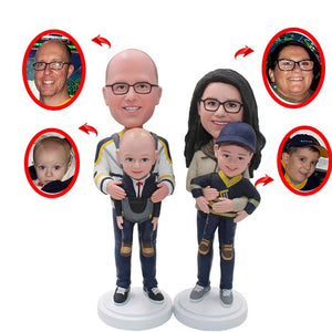 Custom Father Mother And 2 Son Bobbleheads, Personalized 2 Baby And Parents Bobblehead - Abobblehead.com