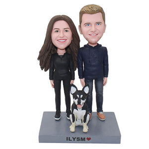 Custom Bobbleheads Anniversary Couple With A Dog, Personalized Bobblehead Couples Dolls Of Yourself - Abobblehead.com