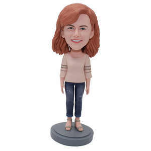 Personalized Red Hair Girl Bobblehead Wearing Jeans, Christmas Gifts For Fashion Girl - Abobblehead.com