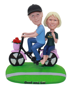 Personalized Couples Bobbleheads Riding A Bicycle With  Flower Basket - Abobblehead.com