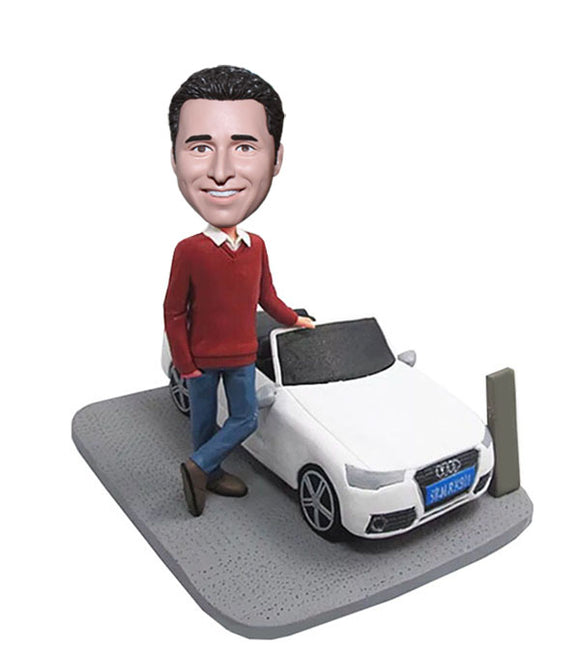 Custom Male Bobbleheads With Audi Sedan, Personalized Car Bobbleheads Of Yourself - Abobblehead.com